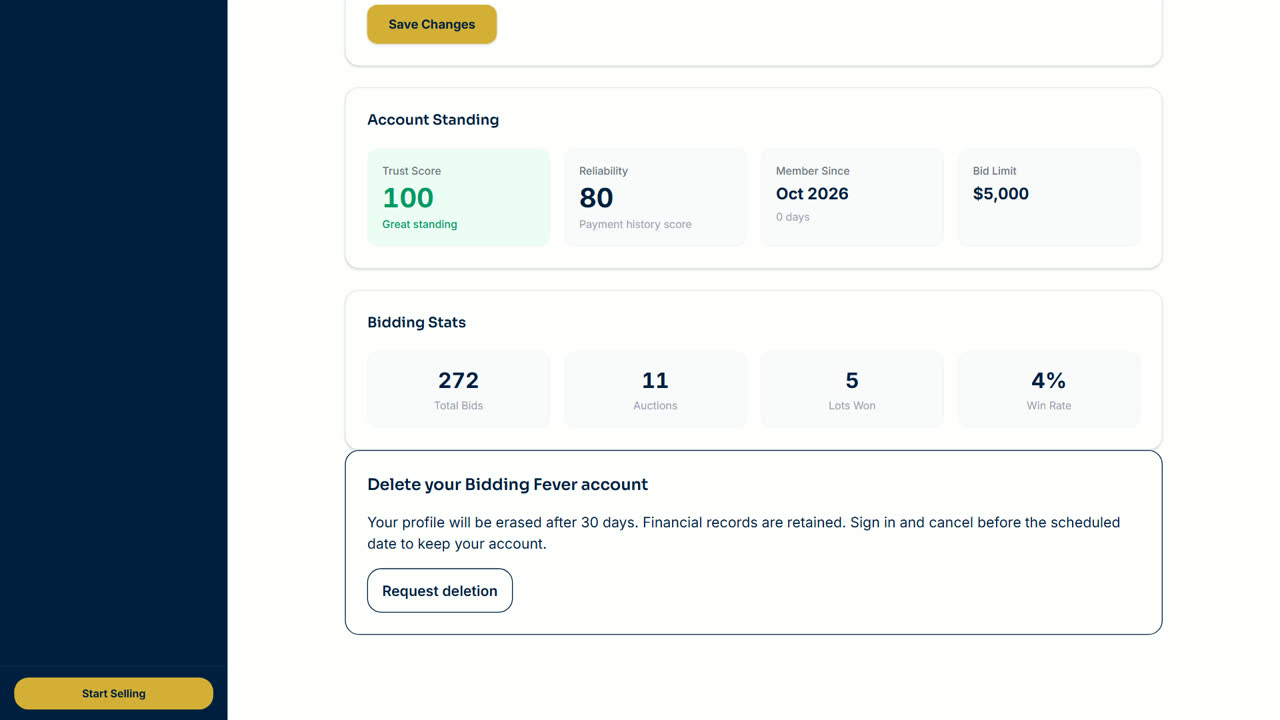 The Delete your Bidding Fever account section