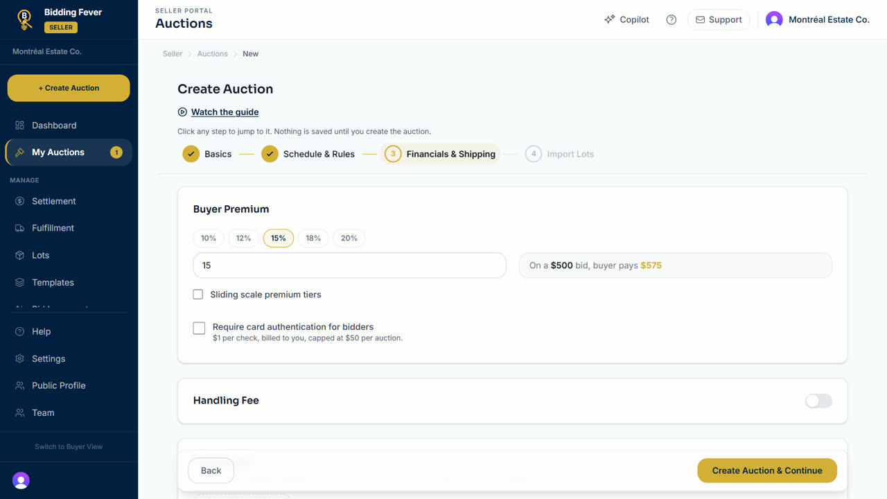 L’étape Financials and Shipping de l’assistant