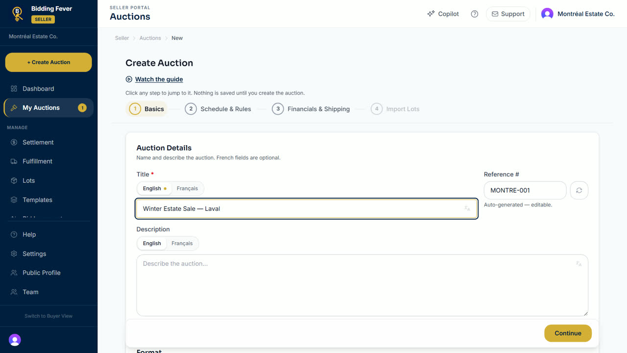 The Create Auction wizard on its Basics step