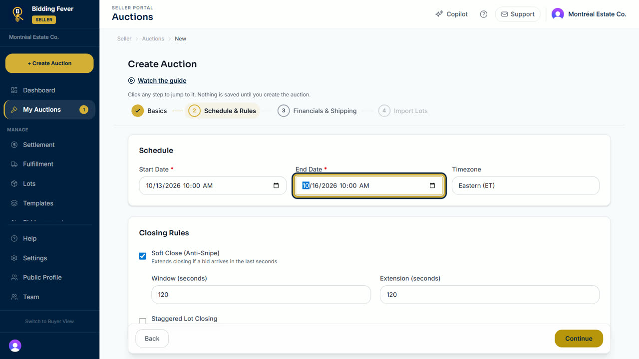 The Schedule and Rules step with start and end dates