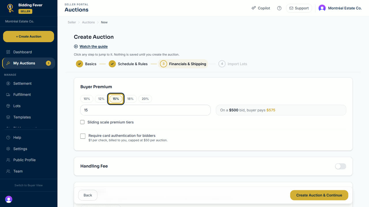 The Financials and Shipping step with the buyer premium