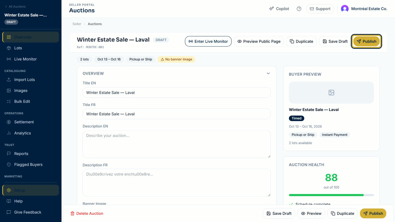 The auction page with the Publish button
