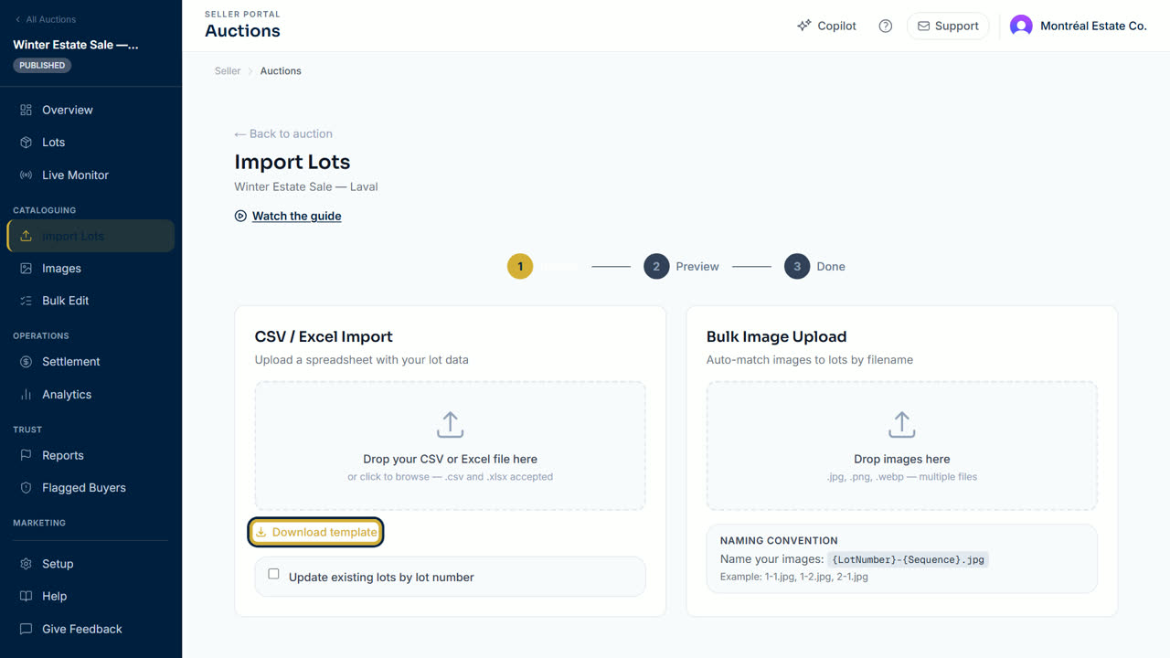 The Import Lots page with the CSV upload area