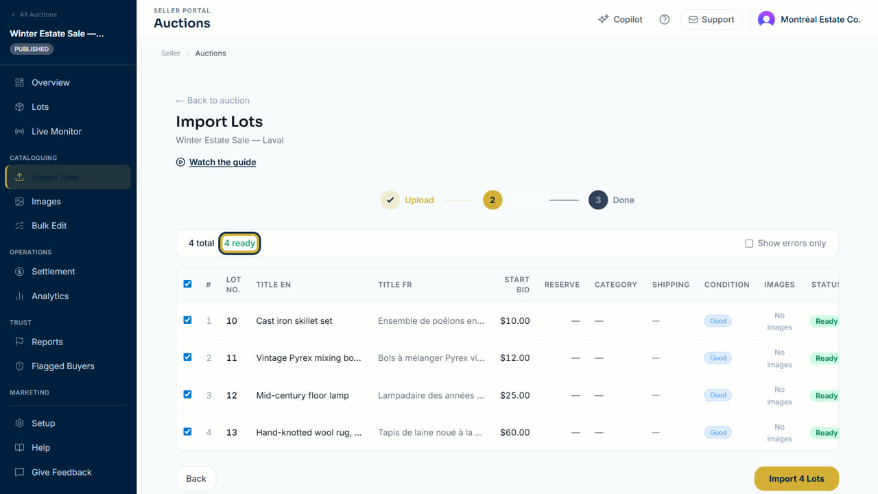 The import preview with Ready rows