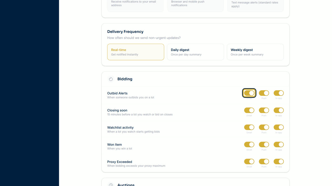 The alert switches for email, push and in-app