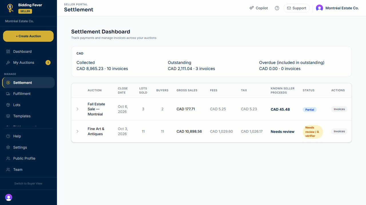 The Settlement Dashboard with a closed auction