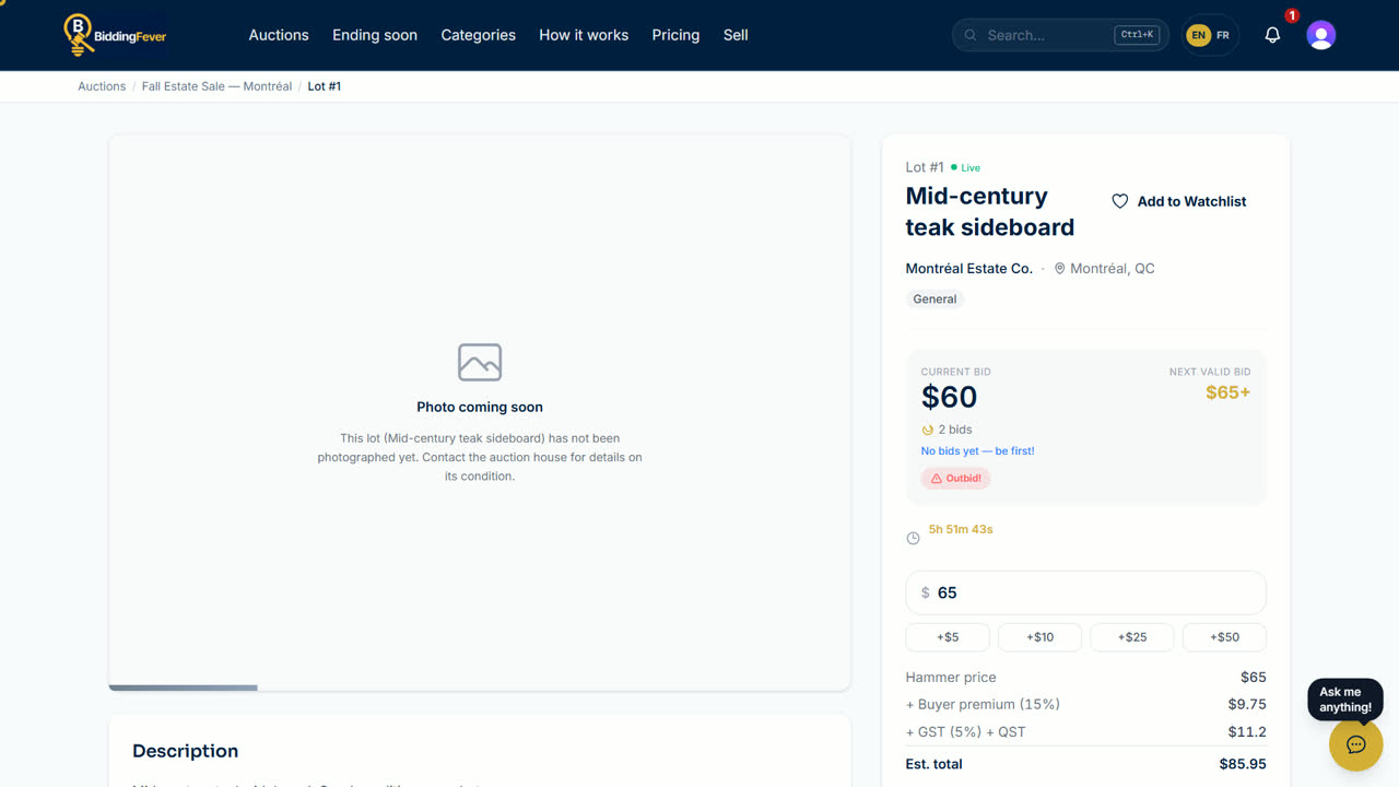 The bid box showing Outbid