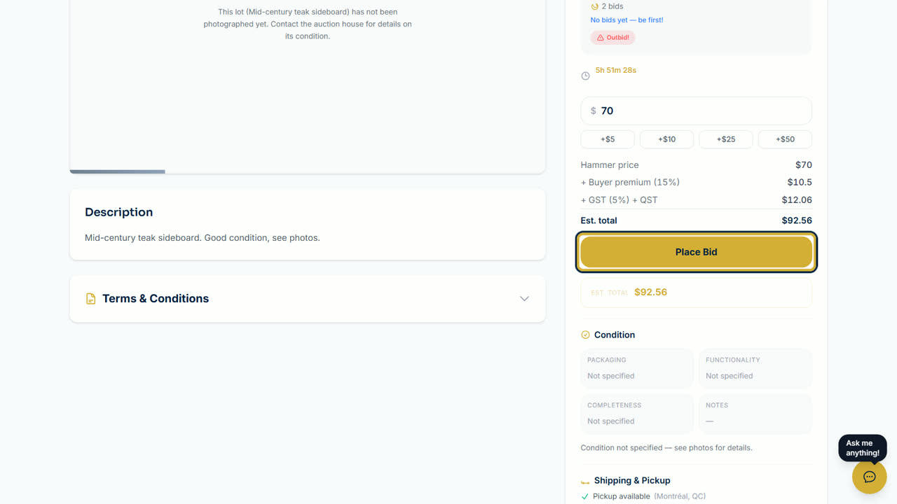 The bid box with a quick button and Place Bid