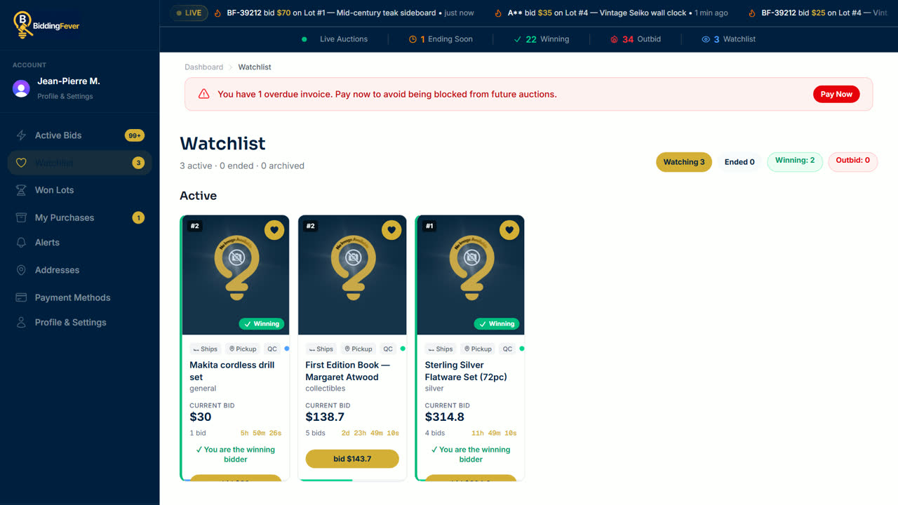 A lot card with the Rebid button