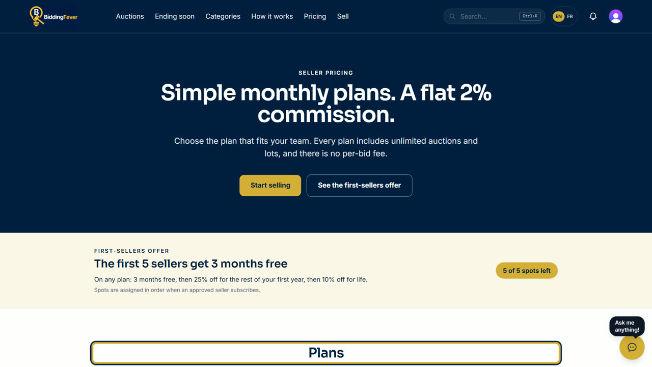 The Pricing page with the three seller plans