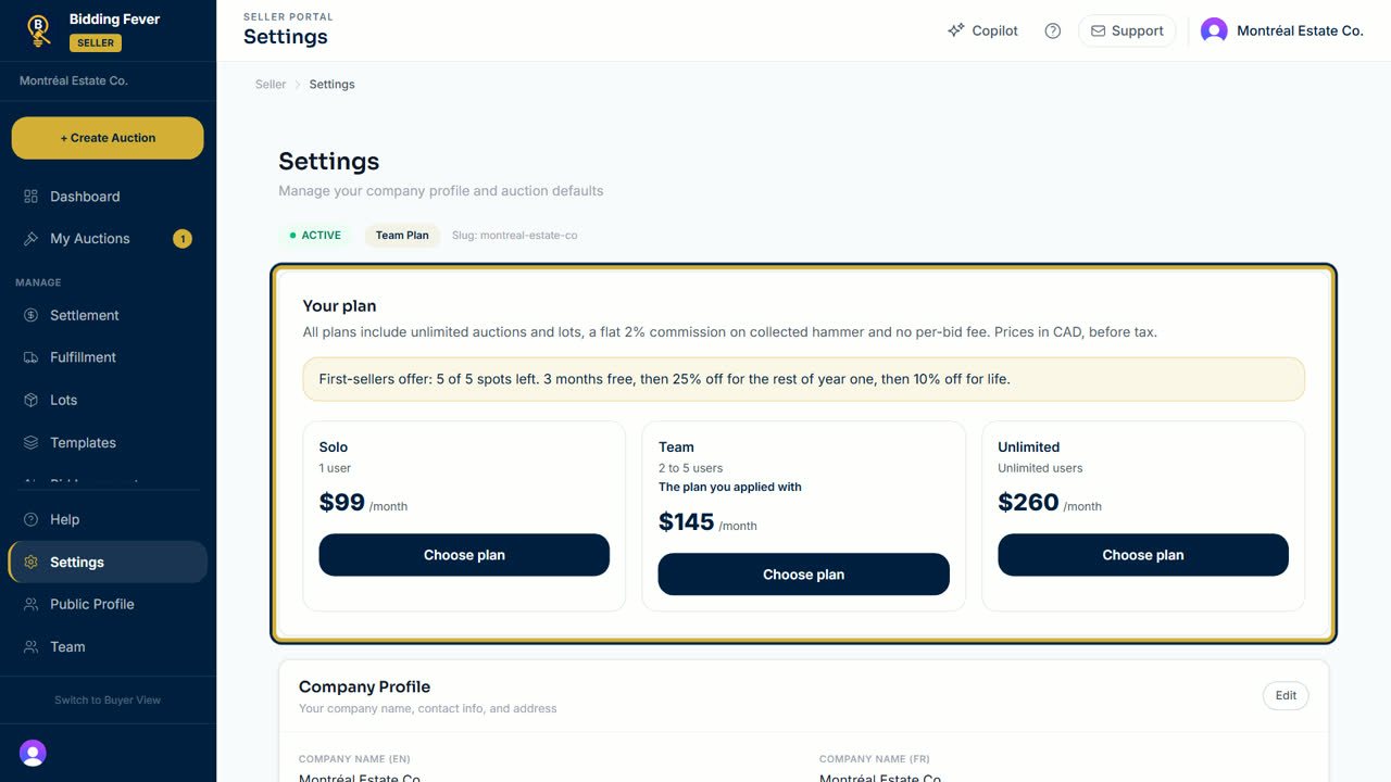 The Your plan section in seller Settings