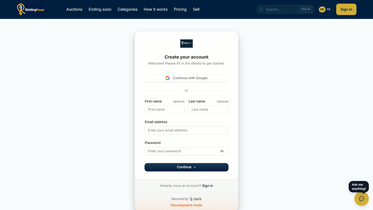 The sign-up page