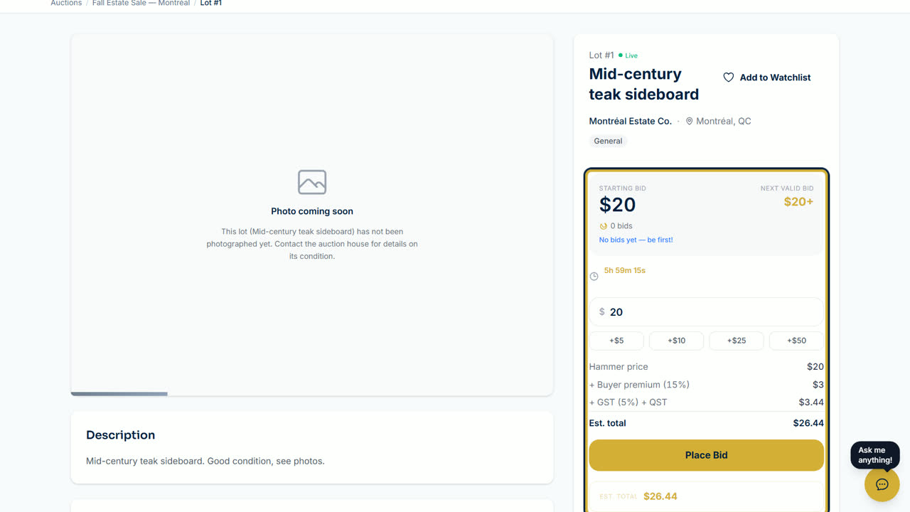 A lot page with the bid box