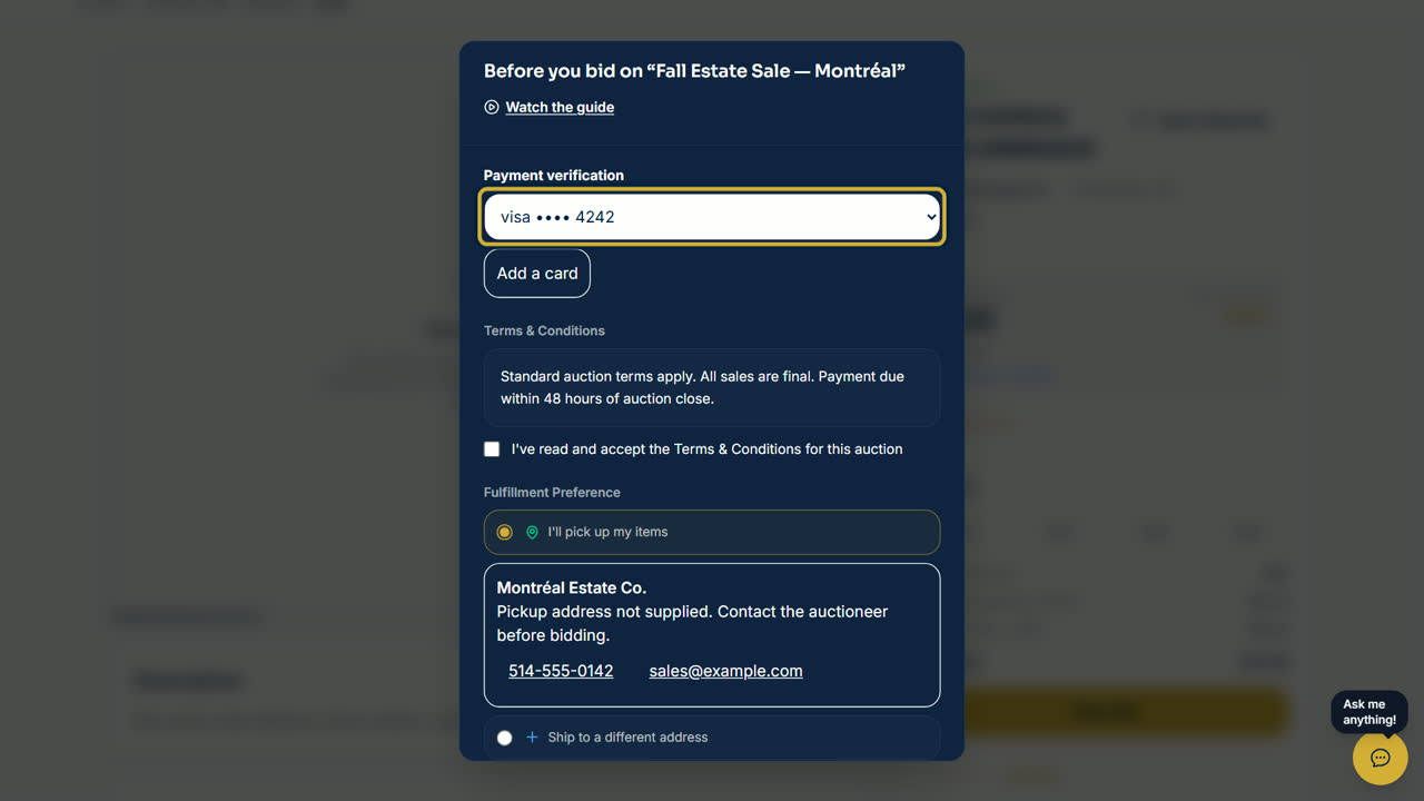 The registration form with the card, terms and delivery choices