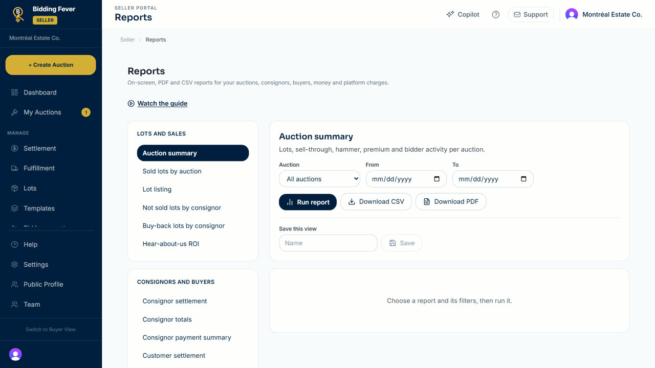 The Reports page with the four report groups