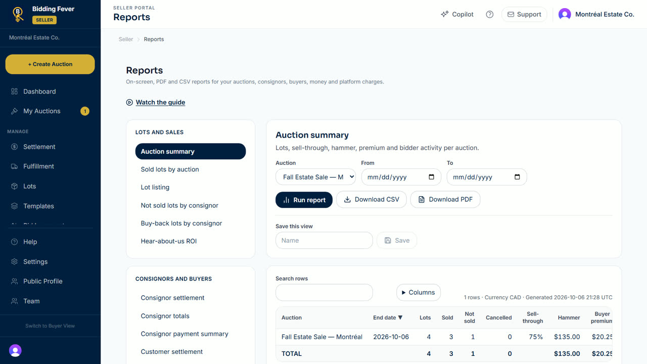 An Auction summary report with its rows