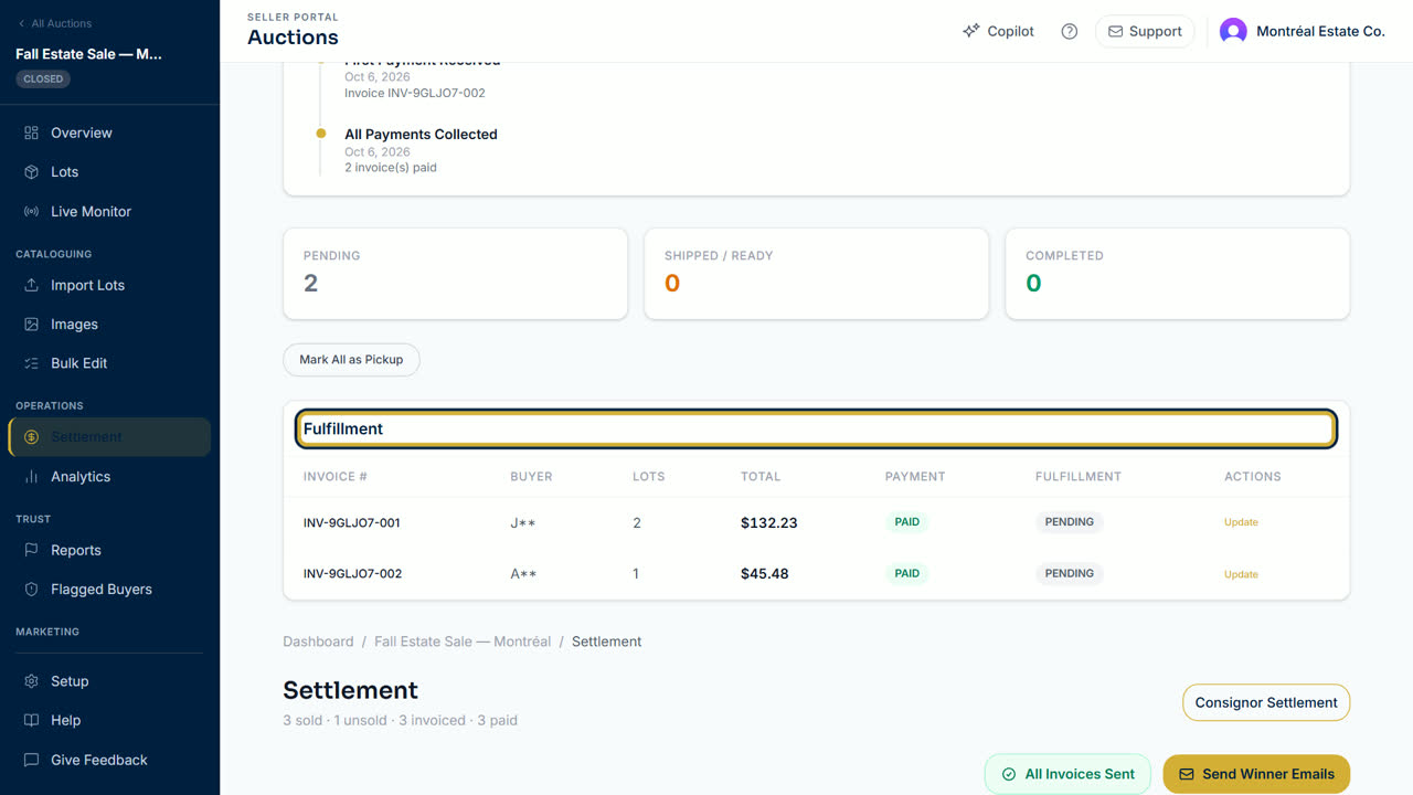 The Fulfillment section on an auction's settlement page