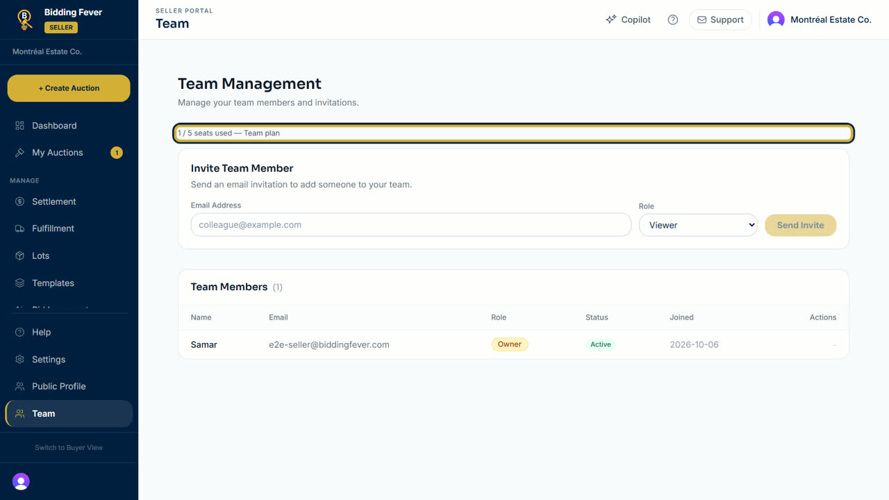 The Team Management page with the seat count