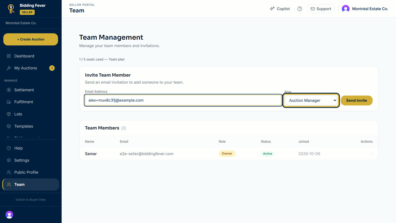 The Invite Team Member form with an email and a role