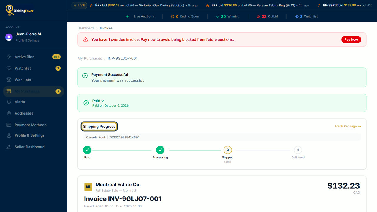 The Shipping Progress steps on a paid invoice