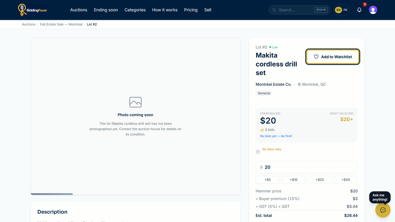 A lot page with the Add to Watchlist button