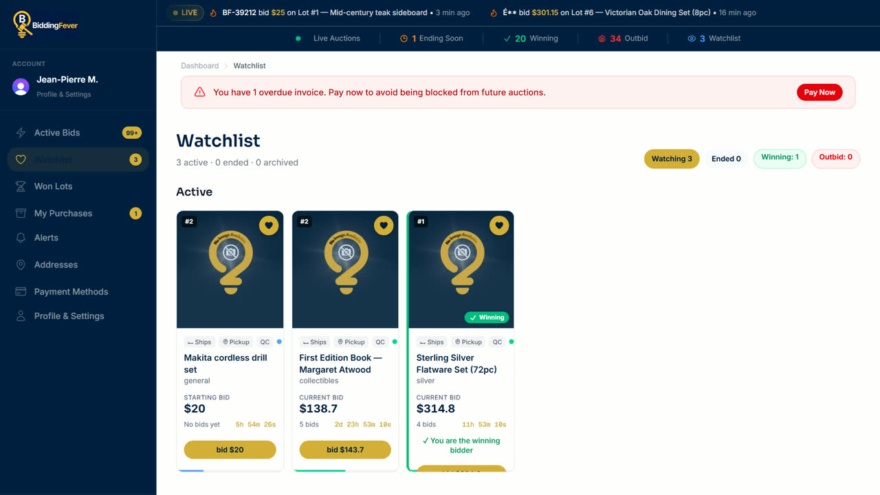 The Watchlist page with a watched lot