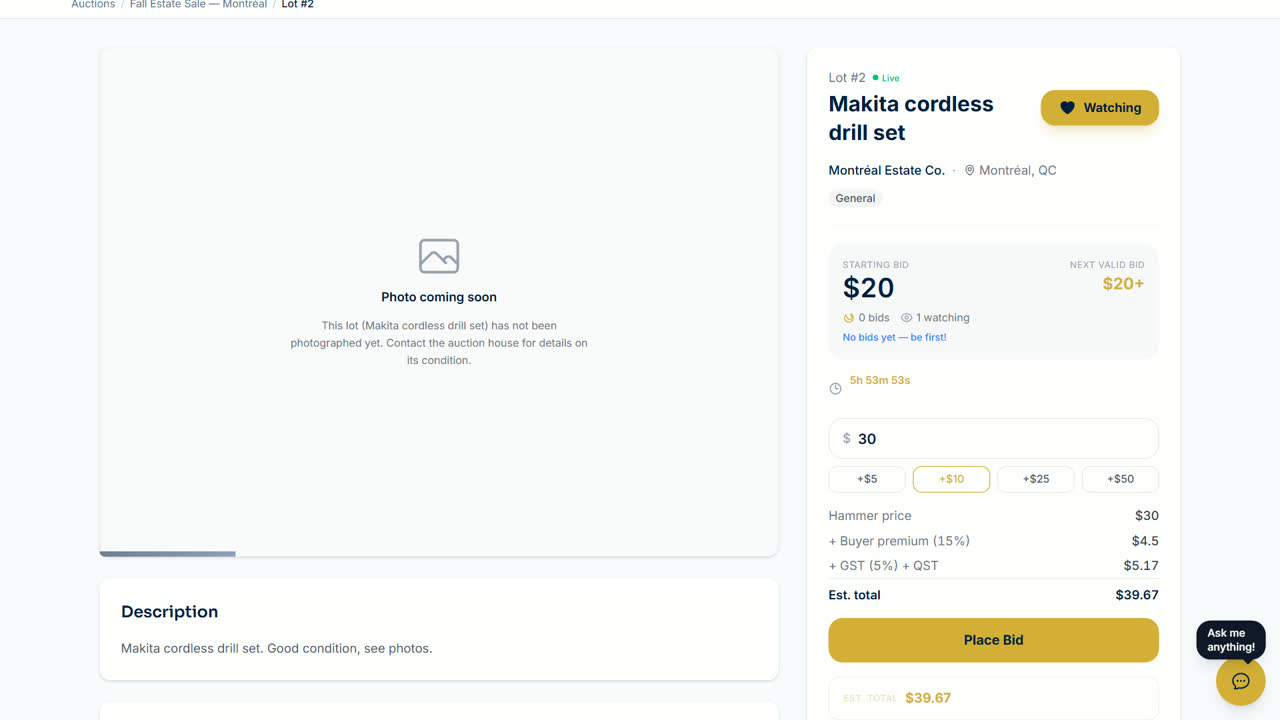 The bid box with the amount, quick-add buttons and the estimated total