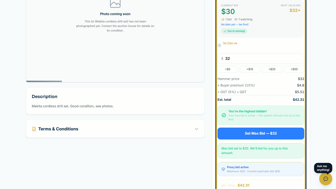 The bid box with Proxy bid active and the maximum