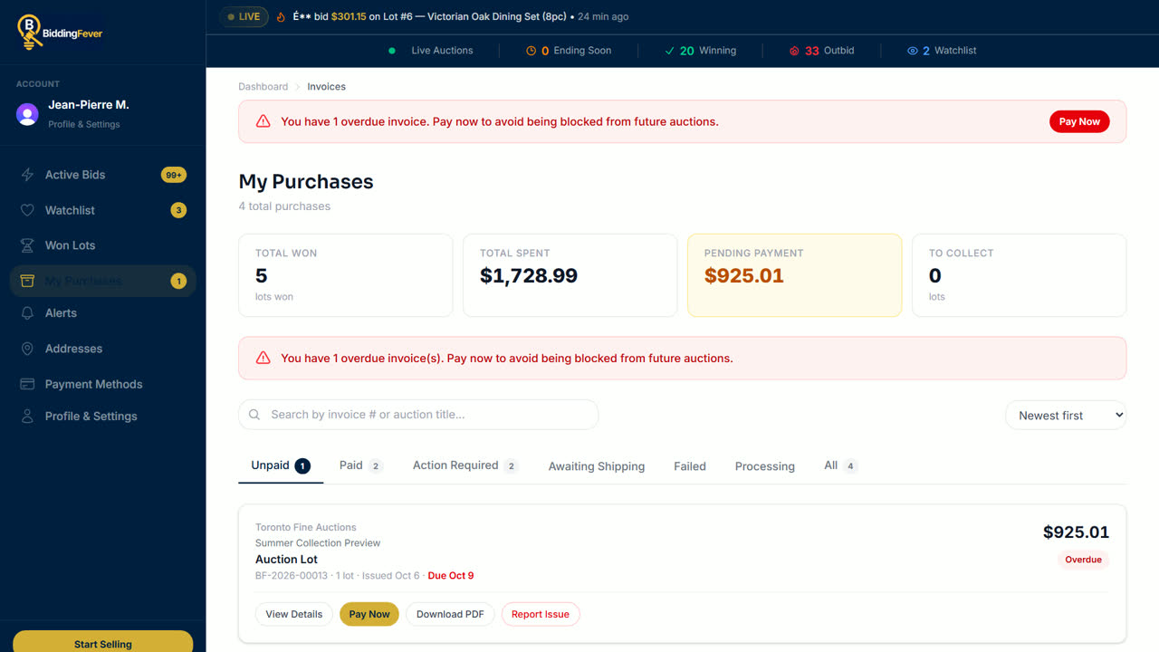 The My Purchases list with an invoice