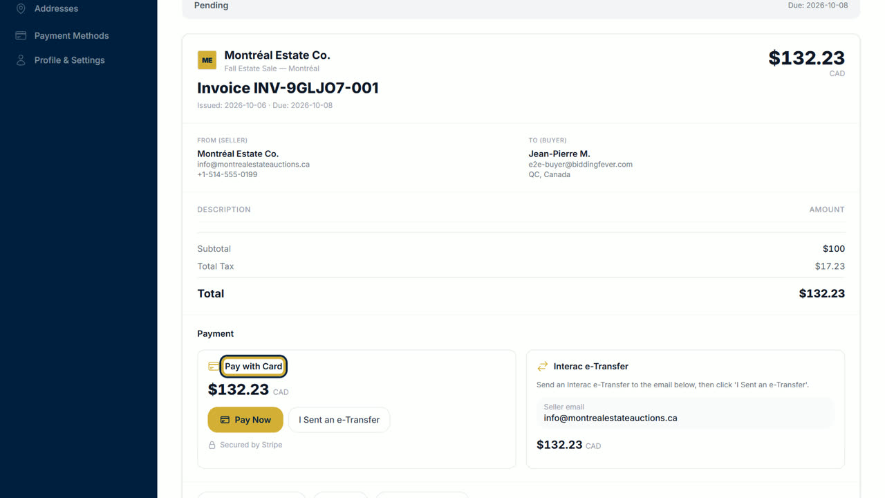 An invoice with the Pay with Card section